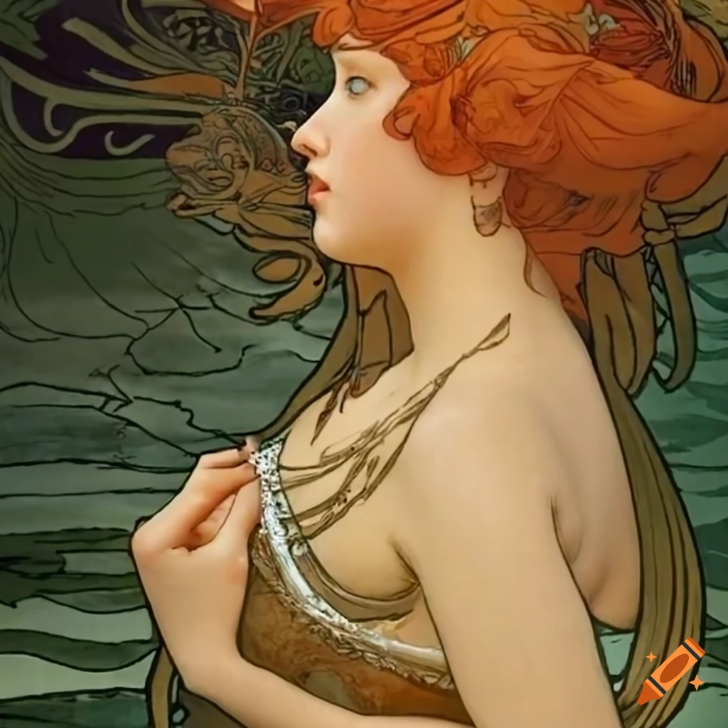 Artistic depiction of a woman bathing in the style of Alphonse Mucha