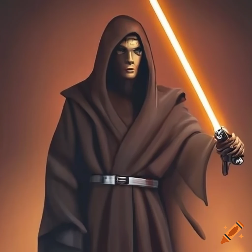 Jedi wielding an orange lightsaber in a black robe