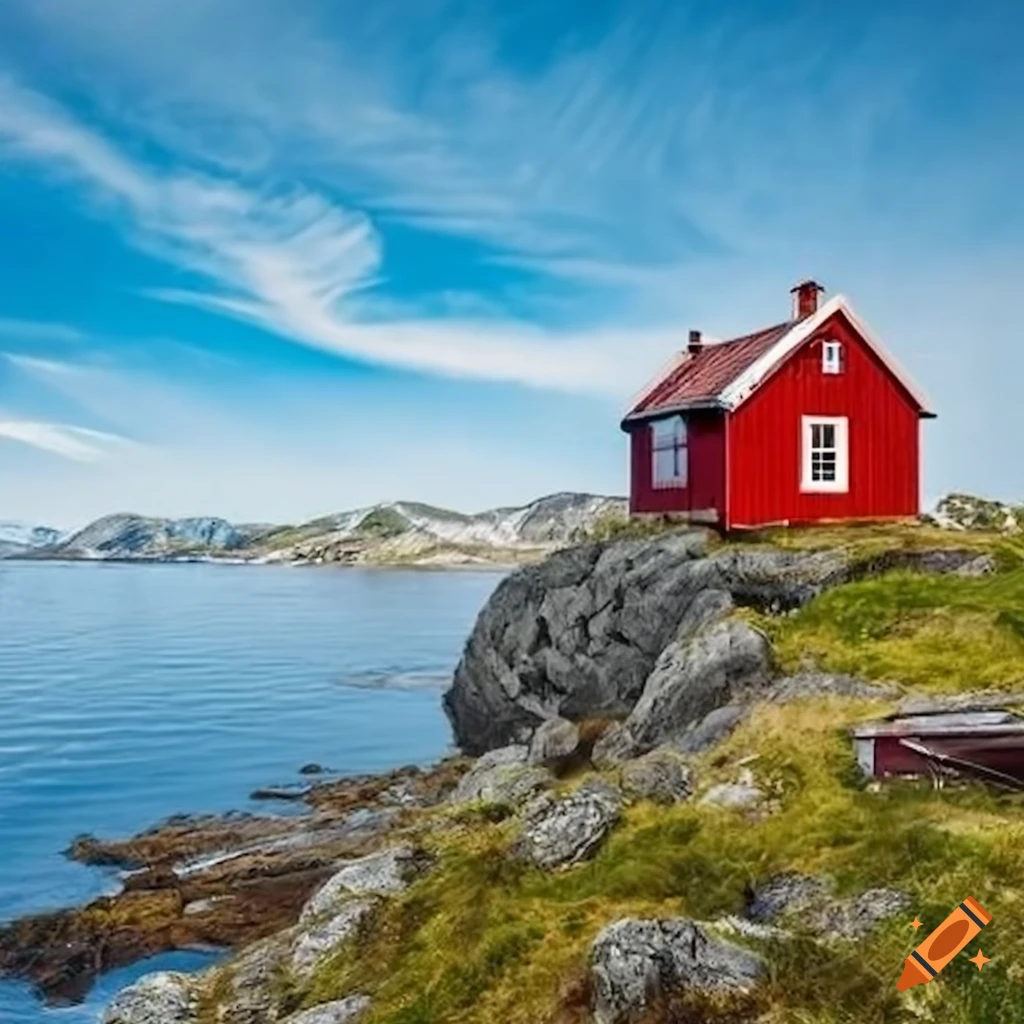 Norwegian coastal landscape with small red house facing the sea under sunny weather