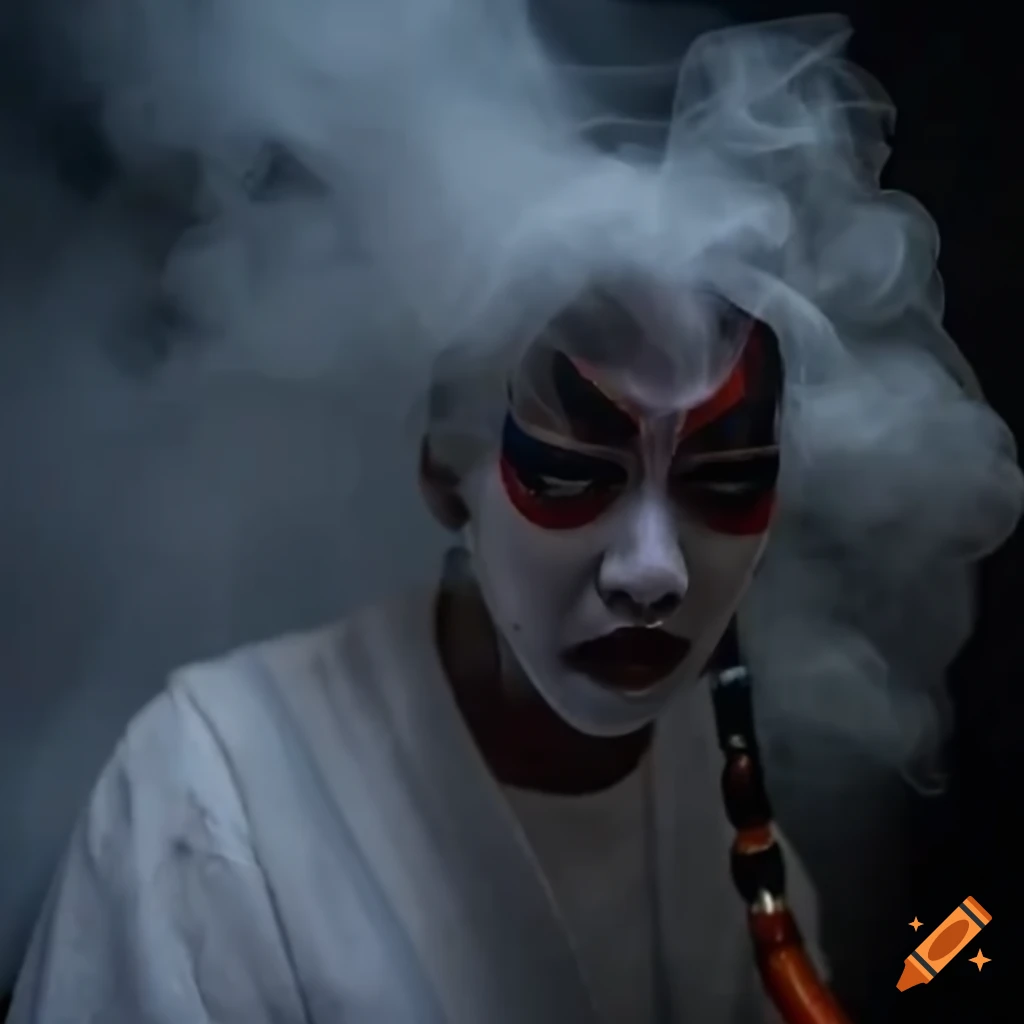 Kabuki style costume smoking a hookah pipe with lots of white smoke