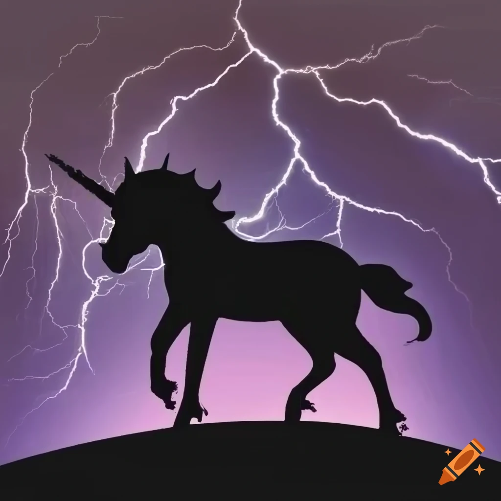 Silhouette of a unicorn standing on a hill with lightning on Craiyon