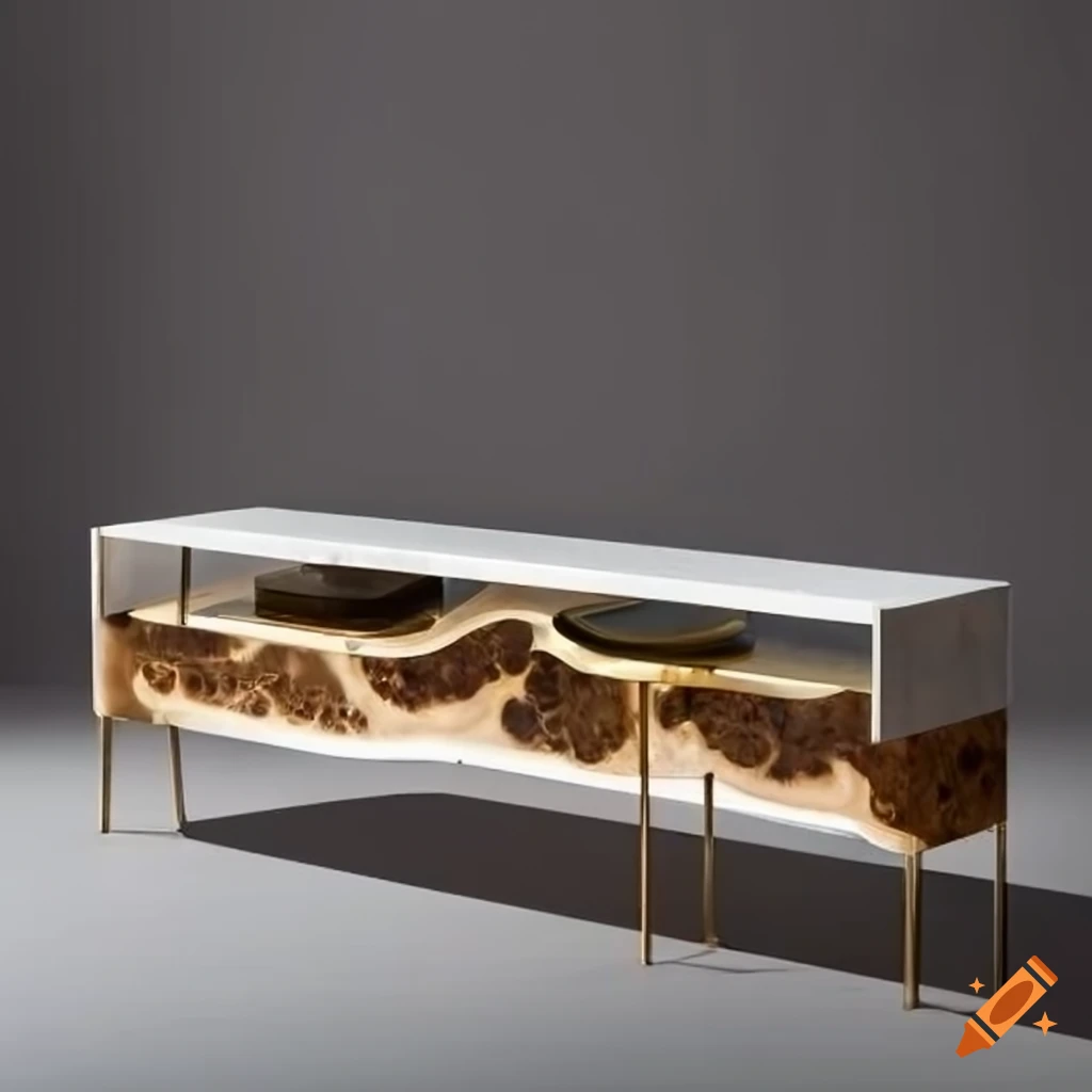 Modern burl, brass, and white marble tv console table with lines