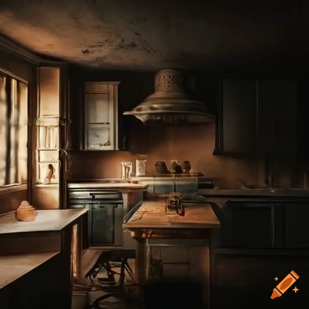 Eerie oldstyle kitchen with flickering candlelights and shadows on