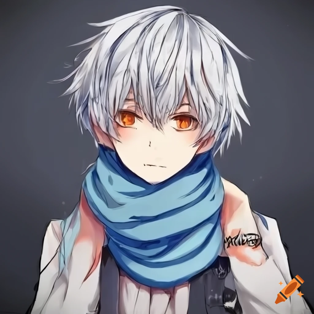 Cute anime boy with white hair, orange eyes, and blue scarf on Craiyon