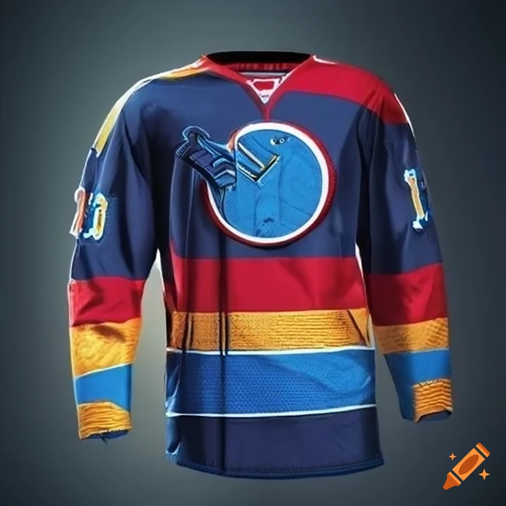 Dark blue, red, and yellow ice hockey jersey
