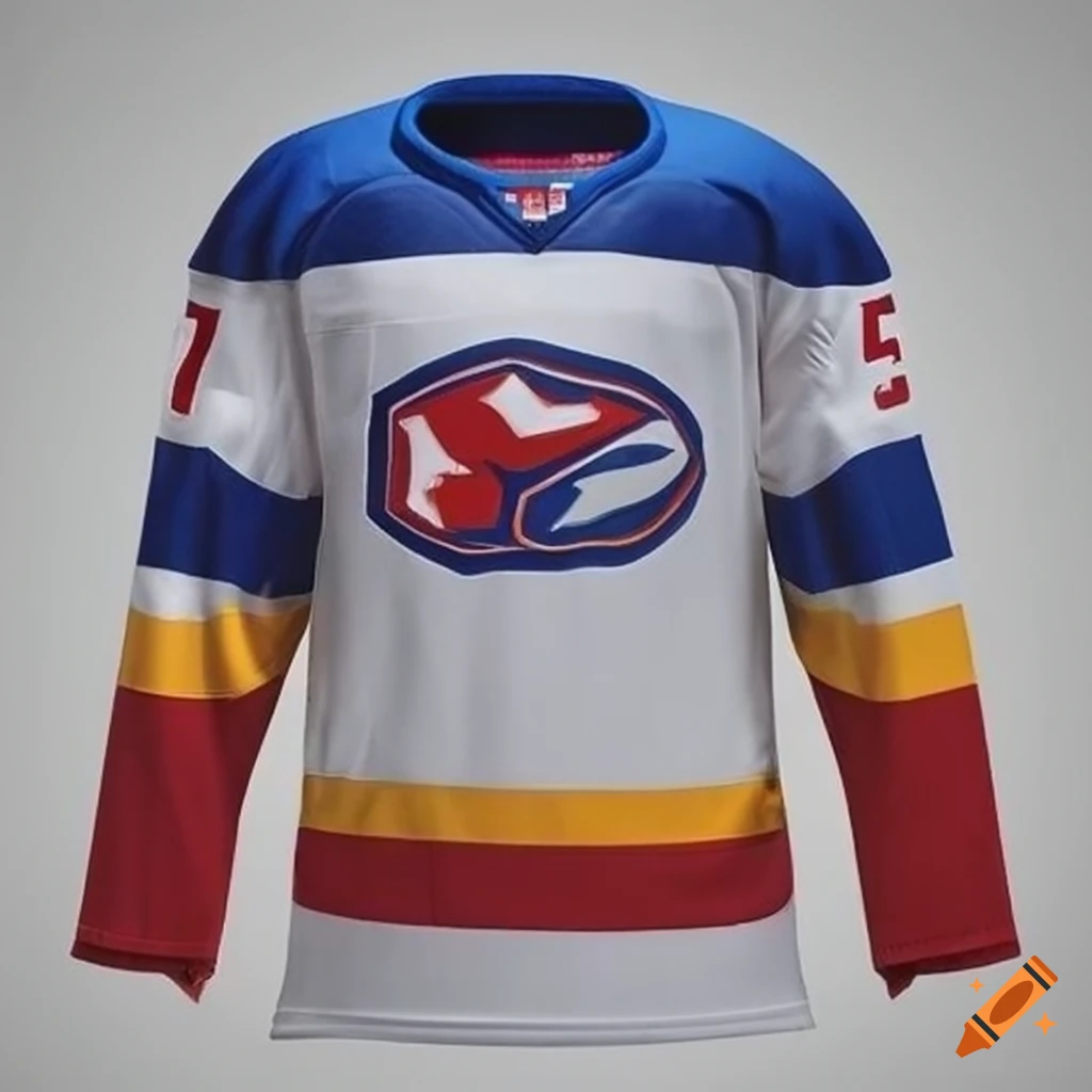 Red, white, yellow, and blue ice hockey jersey on Craiyon