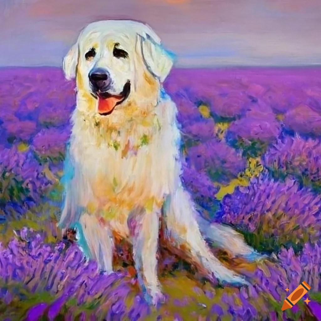 Monet painting with a white maremma sheepdog in a lavender field on Craiyon
