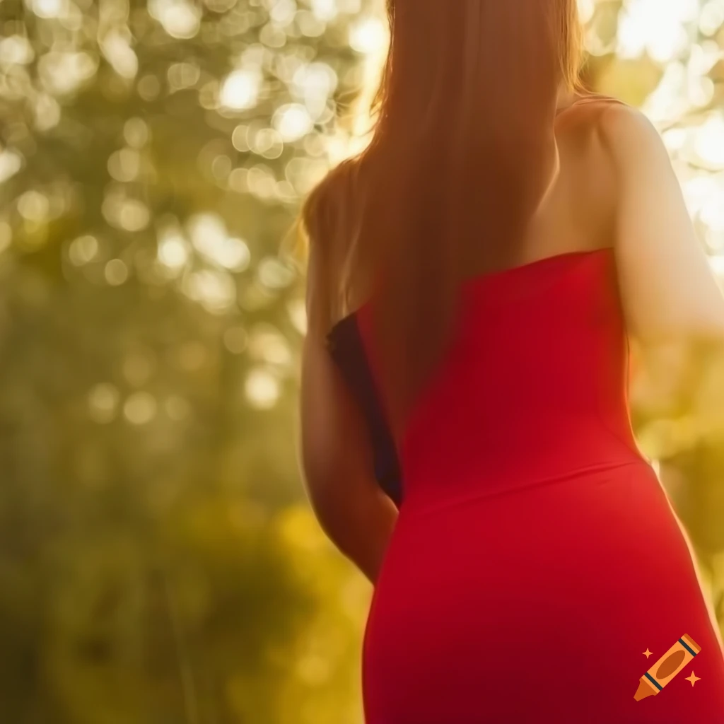 Elegant woman in red dress posing against sunset on Craiyon