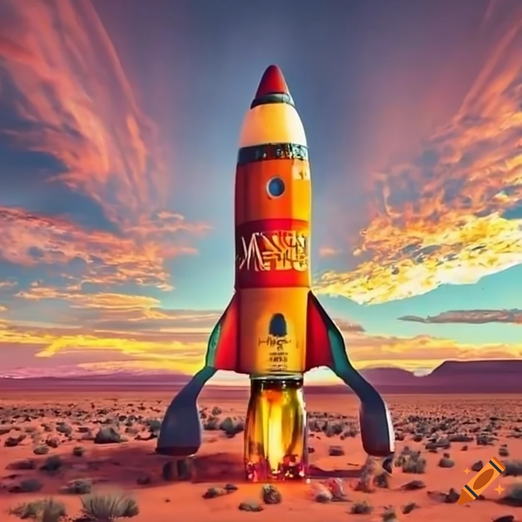 Beer bottle rocket ship fueled by beer in the utah desert on Craiyon