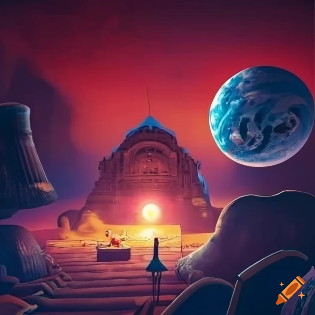 Album cover with a grand opera house where an orchestra plays, and a space-themed ambiance. An adventurous snail explores the red planet in a spacesuit