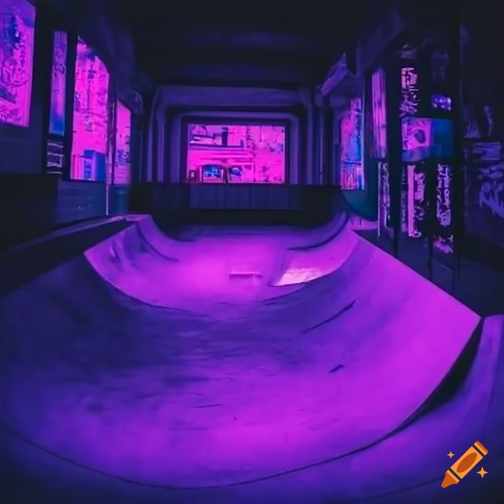 Japanese anime cyberpunk skatepark with purple lighting and murals