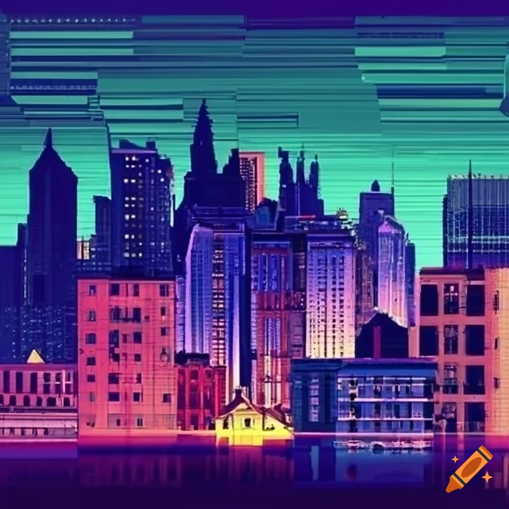 Maximalist retro 90s cityscape