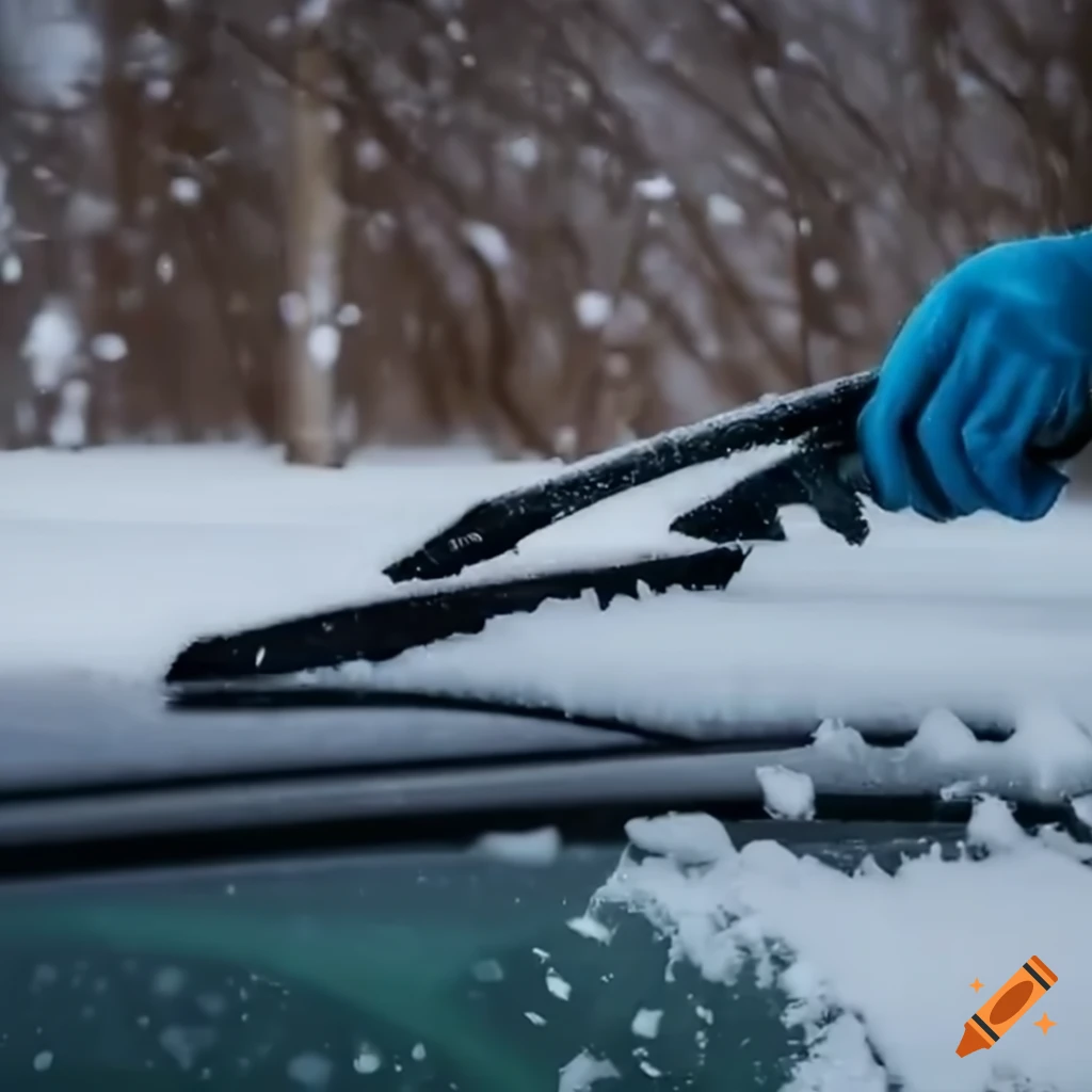 Man using a wiper to remove ice and snow from car windshield on Craiyon