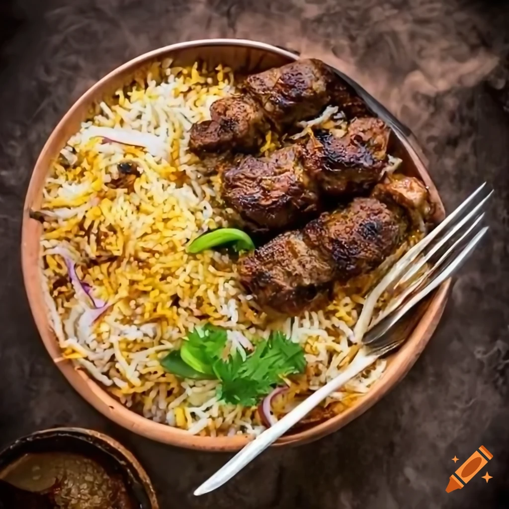 Delicious beef kebab and biryani dish