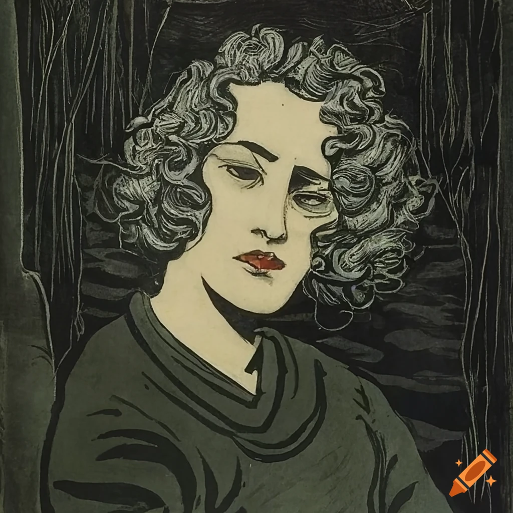 Man with grey curly hair on dark finnish lake in an ink woodcut style