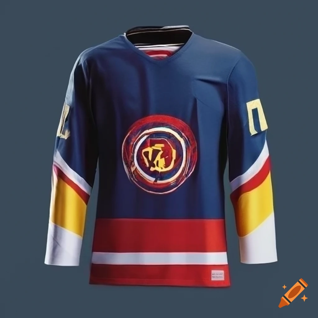 Dark blue, red, and yellow ice hockey jersey