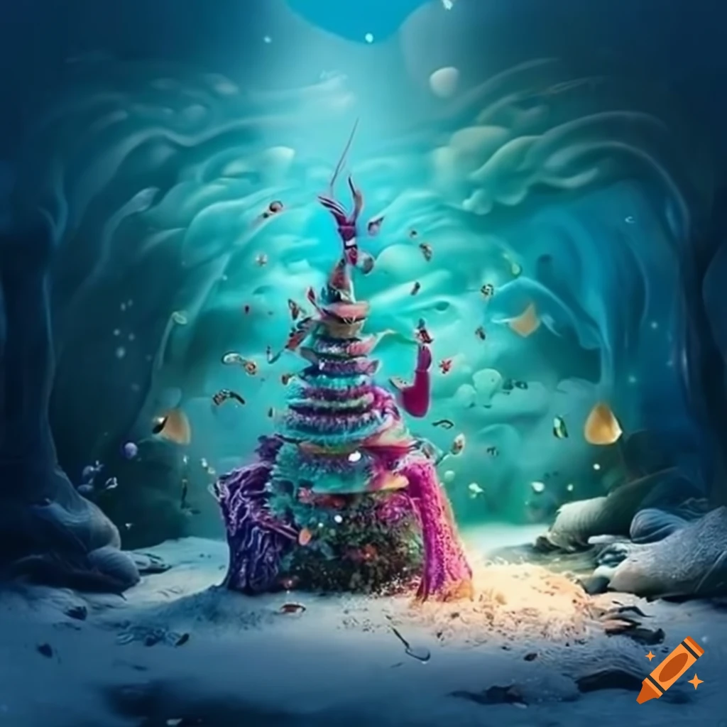 Underwater winter wonderland with mythical creatures and festive 