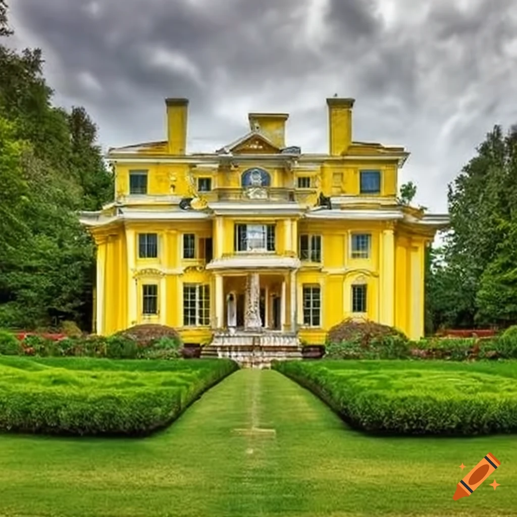 Yellow mansion with spacious gardens and a boxer dog on Craiyon