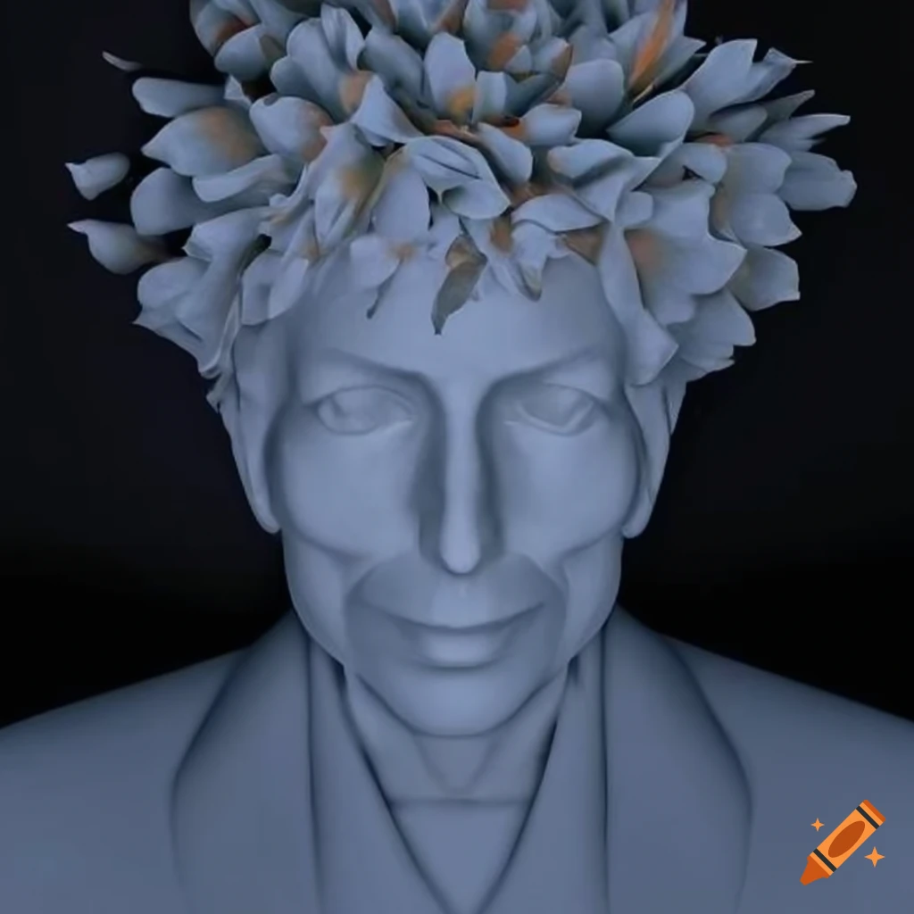 Surreal bust of Bob Dylan made of flower petals with dramatic shadows and bold colors