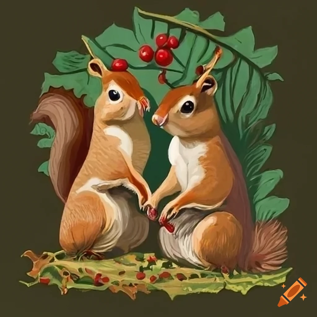 Whimsical drawing of squirrels decking the halls with holly while swallows sing carols