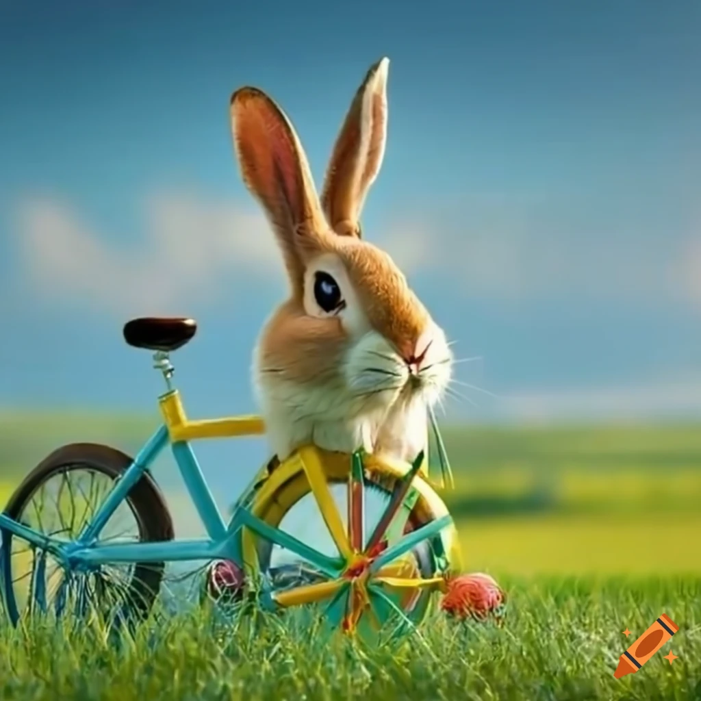 Adorable easter bunny cycling through a colorful pastoral landscape on Craiyon