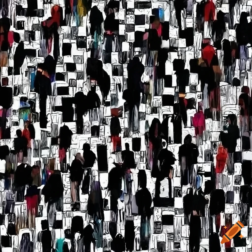 Abstract black and white mosaic painting of people in a maze on Craiyon