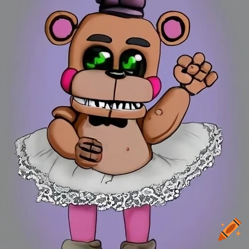 Cartoon character Freddy Fazbear in a pink and white fluffy lace skirt