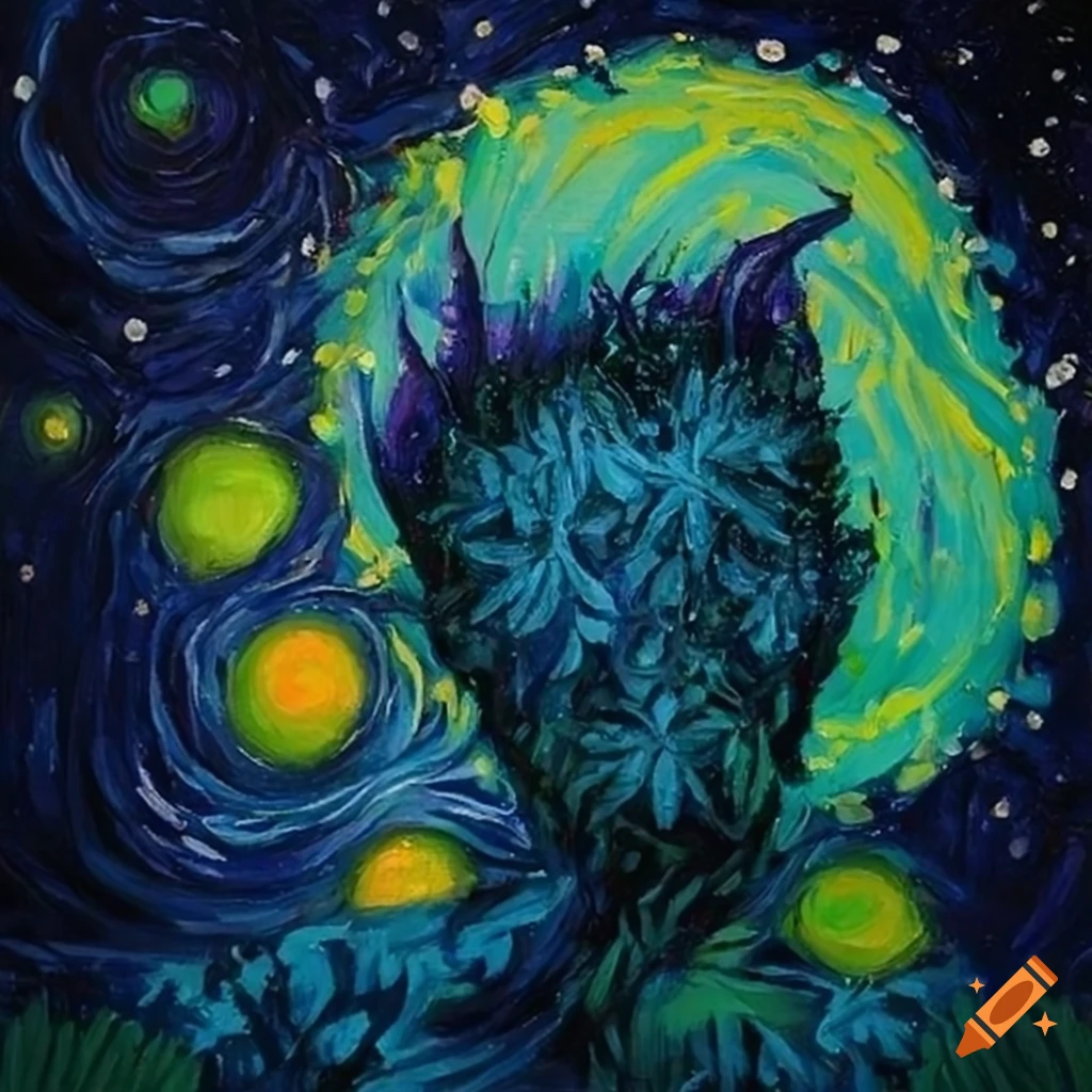 Painting of a starry night with weed motif
