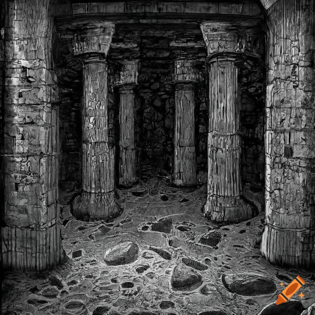Huge underground room with crumbling pillars and falling stones