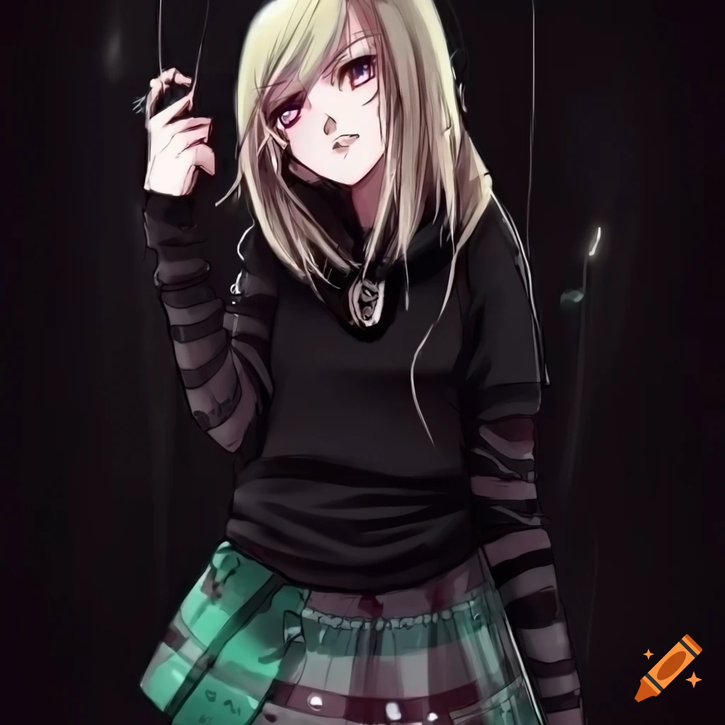 Anime-inspired punk spider girl with brown eyes and blonde hair
