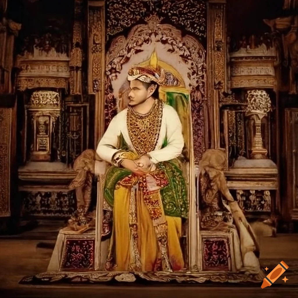 Mughal emperor akbar sitting in front of his throne in majestic attire