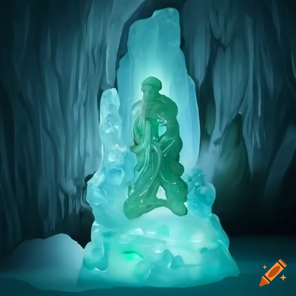 Jade statue in an icy cave in fantasy art style