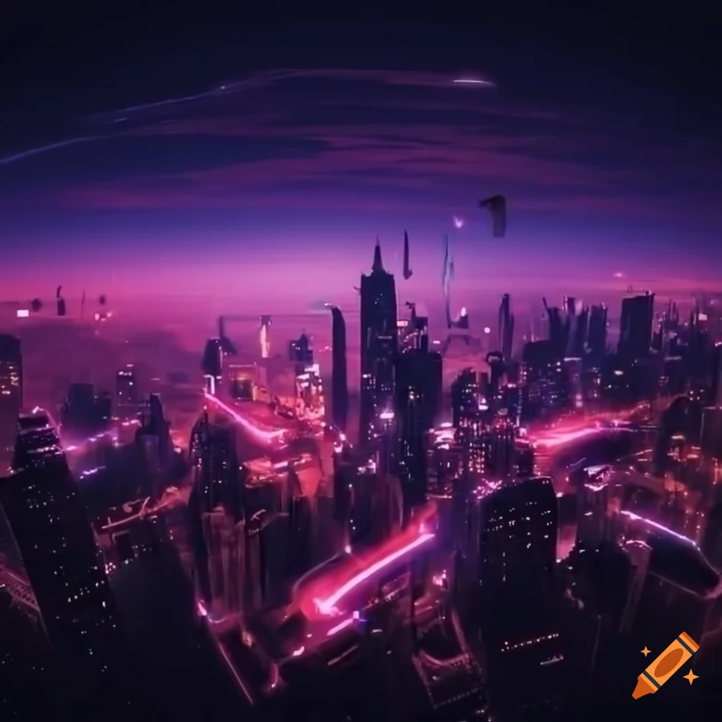 Futuristic city skyline with neon lights and flying drones on Craiyon