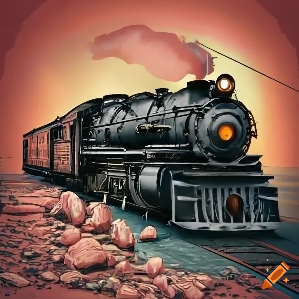 Old comic train with steam locomotive driving through desert canyon ...