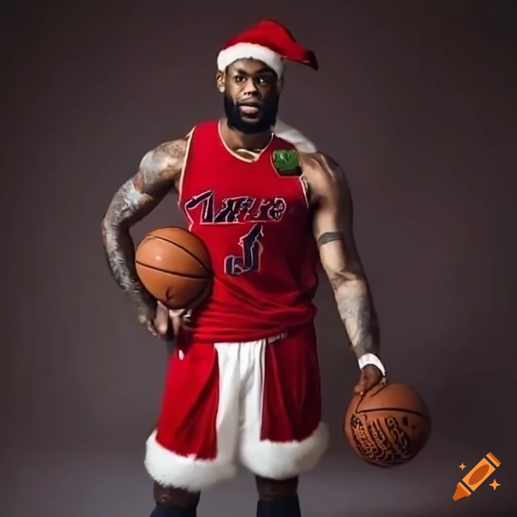 Santa playing basketball with lebron james