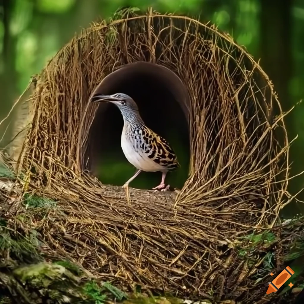 Bower bird building a house and verandah in a misty forest