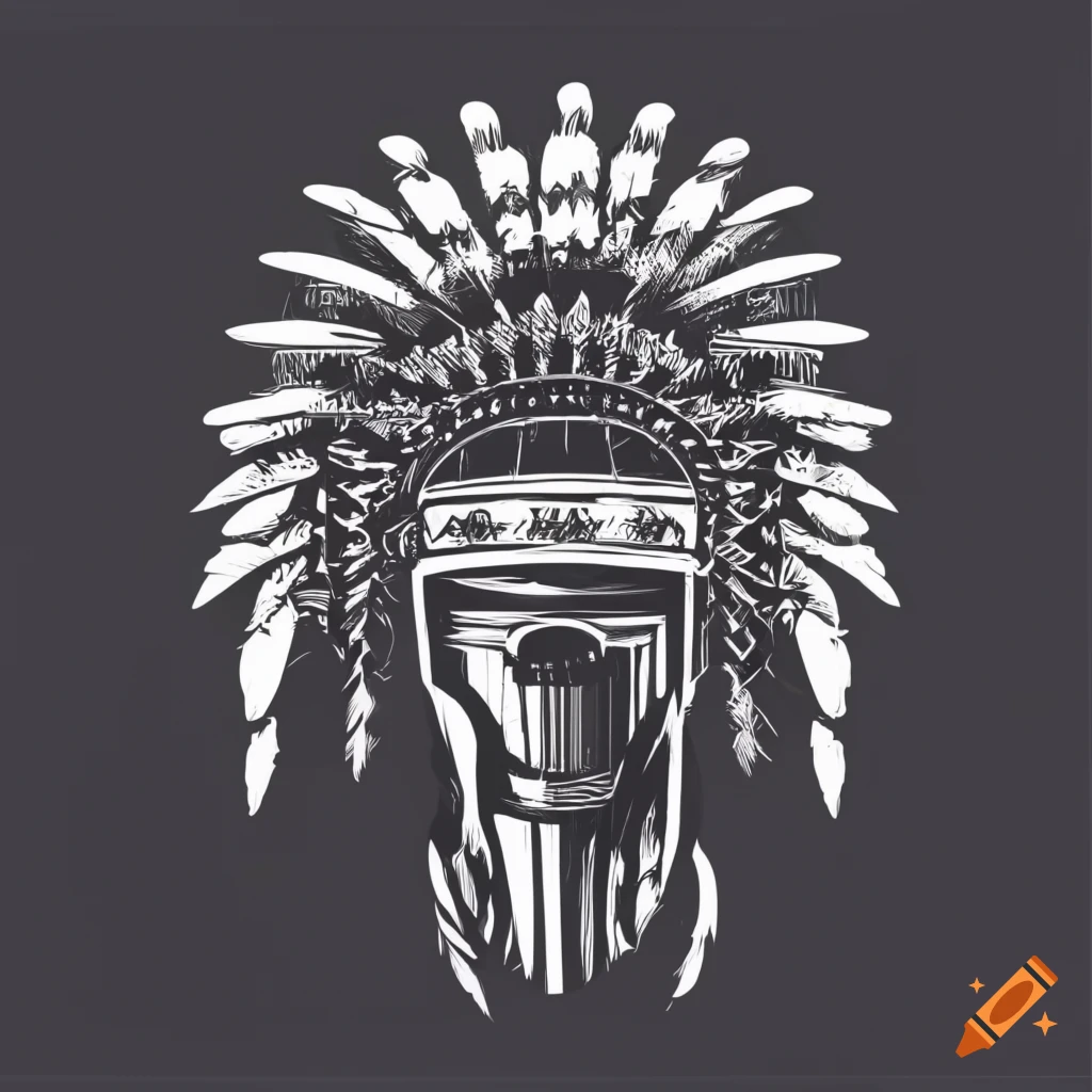 Monochrome vector of a person in welding helmet and Native American feathered headdress