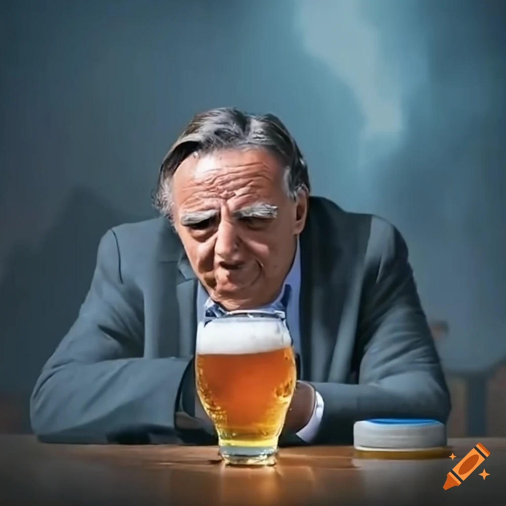 François Legault with a Labatt Bleue beer in dramatic lighting