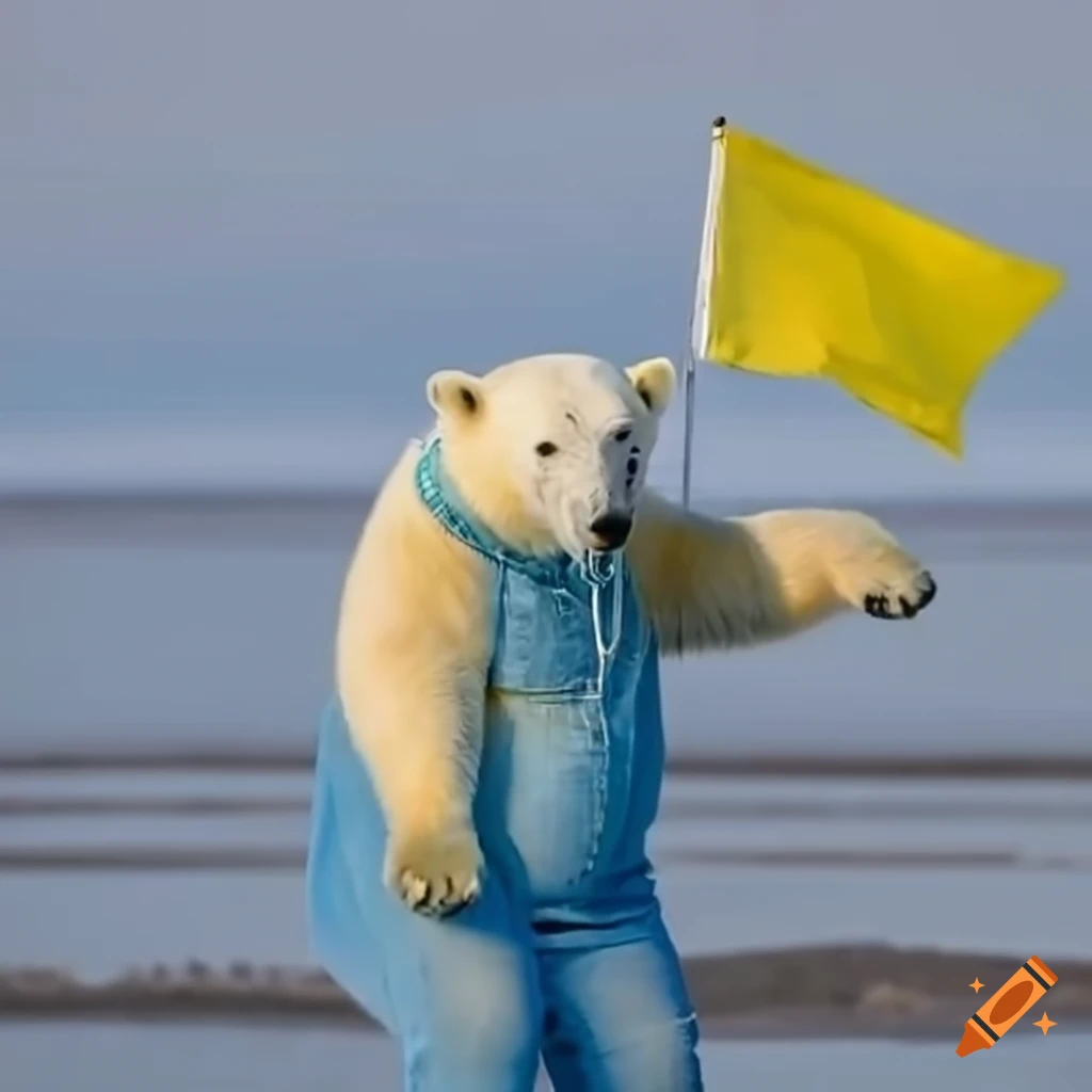 Polar bear standing with blue jeans and yellow shirt waving a flag on