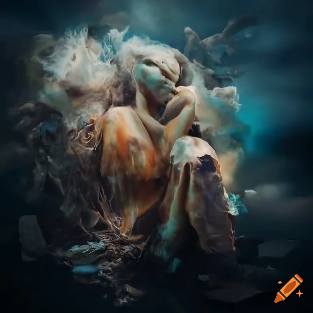 Distorted figure caught in chaotic junk garbage web in destroyed ...