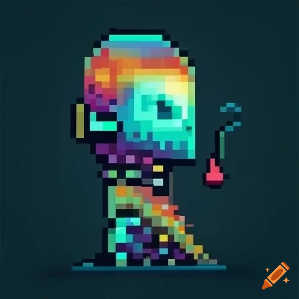 Pixel art T-shirt logo with vibrant cosmic colors and intricate details