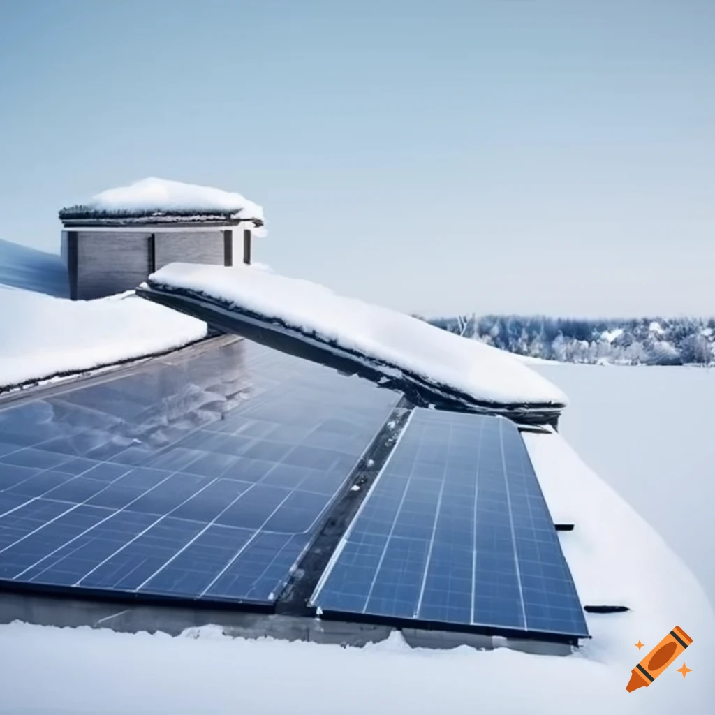 Snowcovered solar panels on a modern flat roof in an energyefficient