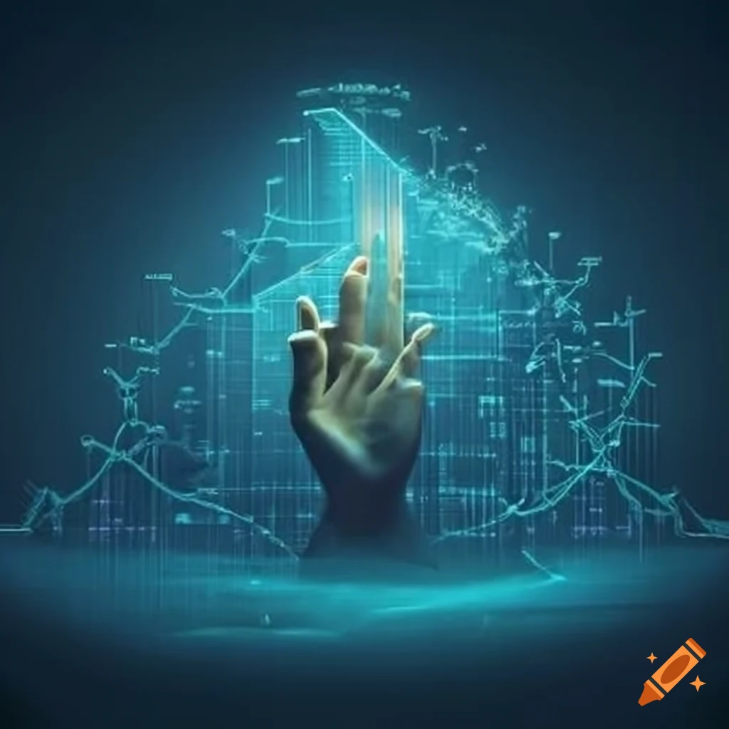 Close-up of a hand holding a stylized graph with cityscape blending into the lines