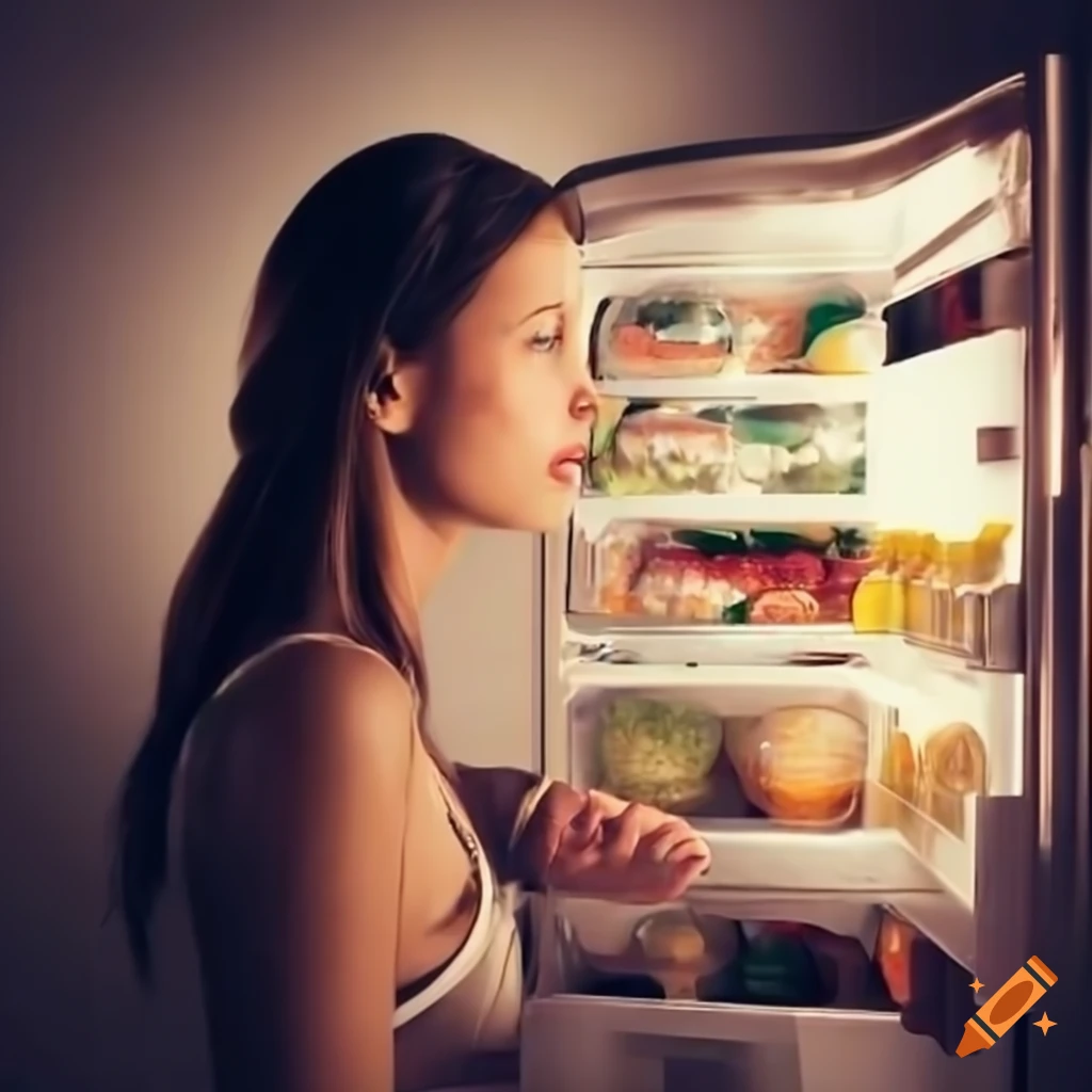 Side view of a woman looking into a refrigerator