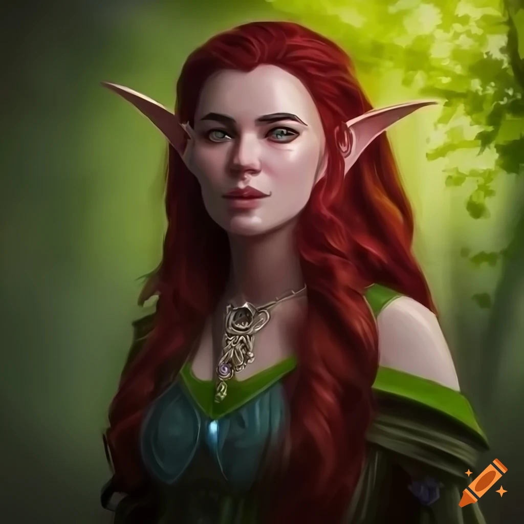 Beautiful female druid wood elf with red hair in front of a forest on ...