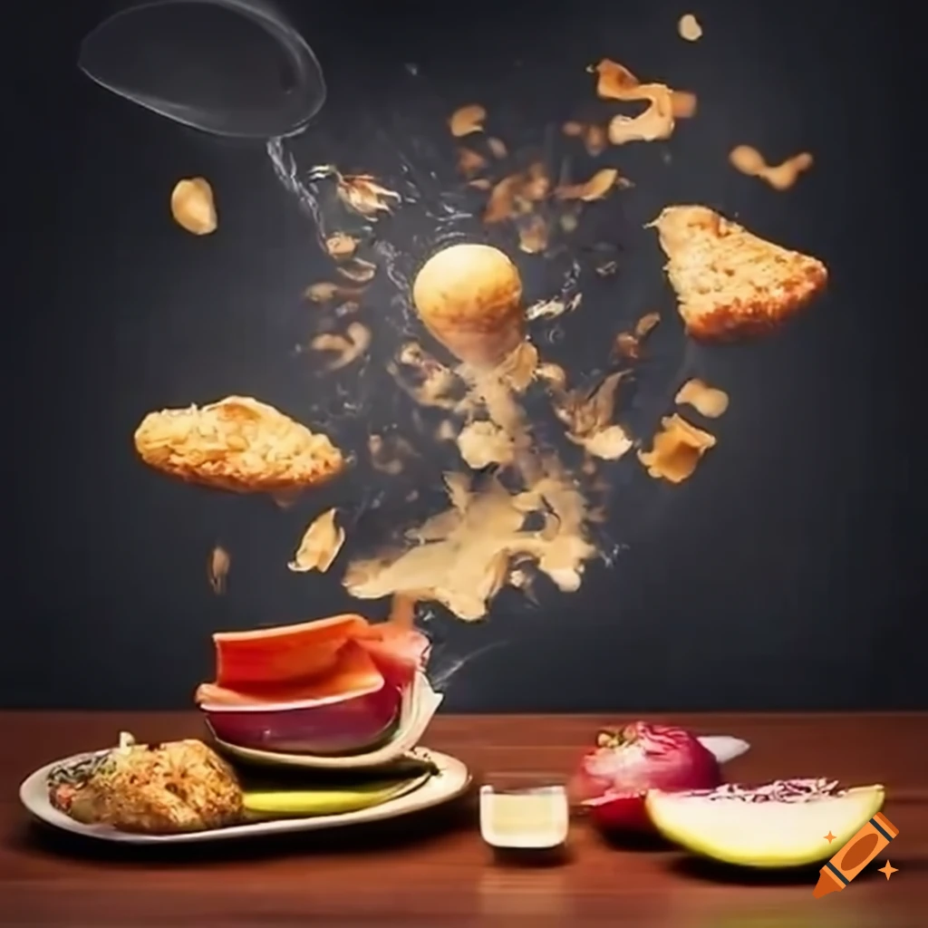 Food exploding on a table due to a problem with the calculator on Craiyon