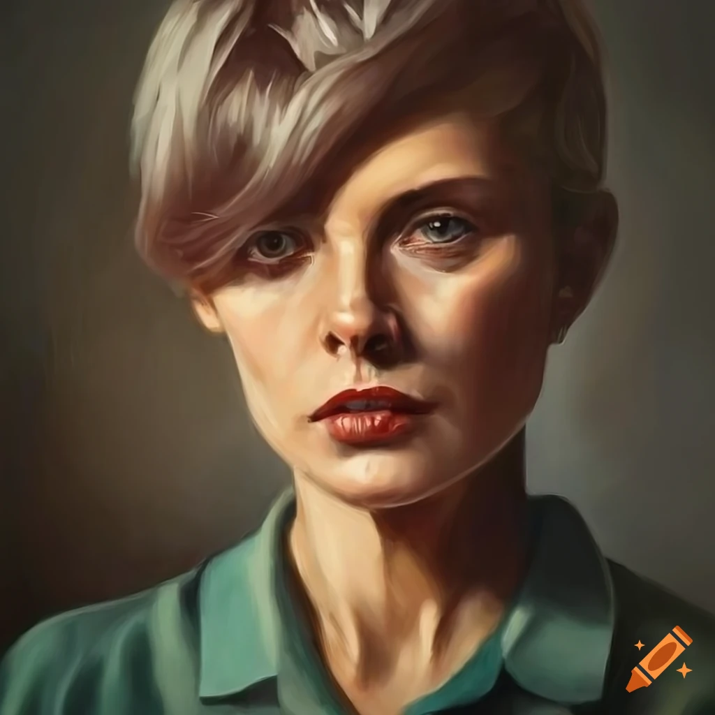 Moody oil painting of a mature woman with short straight hair in a ...