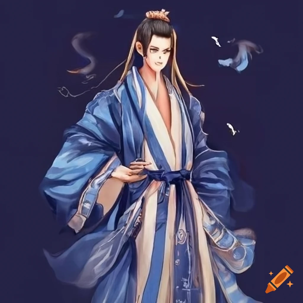 Man wearing navy and cream xianxia robes on Craiyon