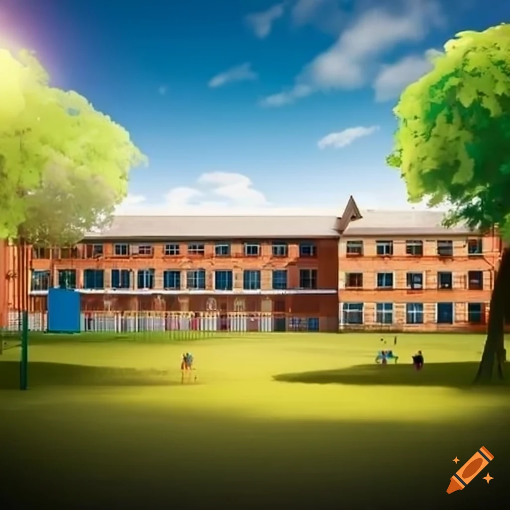 Large school building with a spacious playground