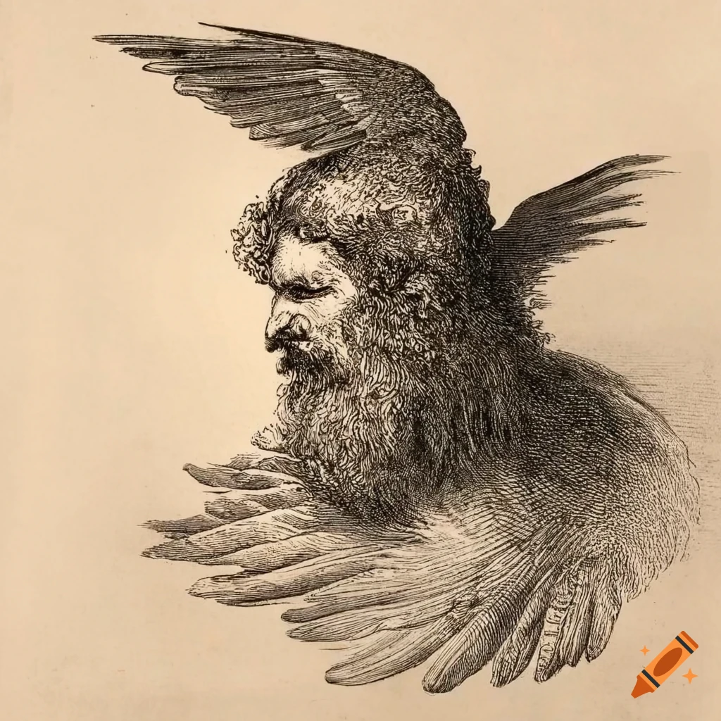 Gustave Dore etching of a man with wings for beard in Icarus Laughed